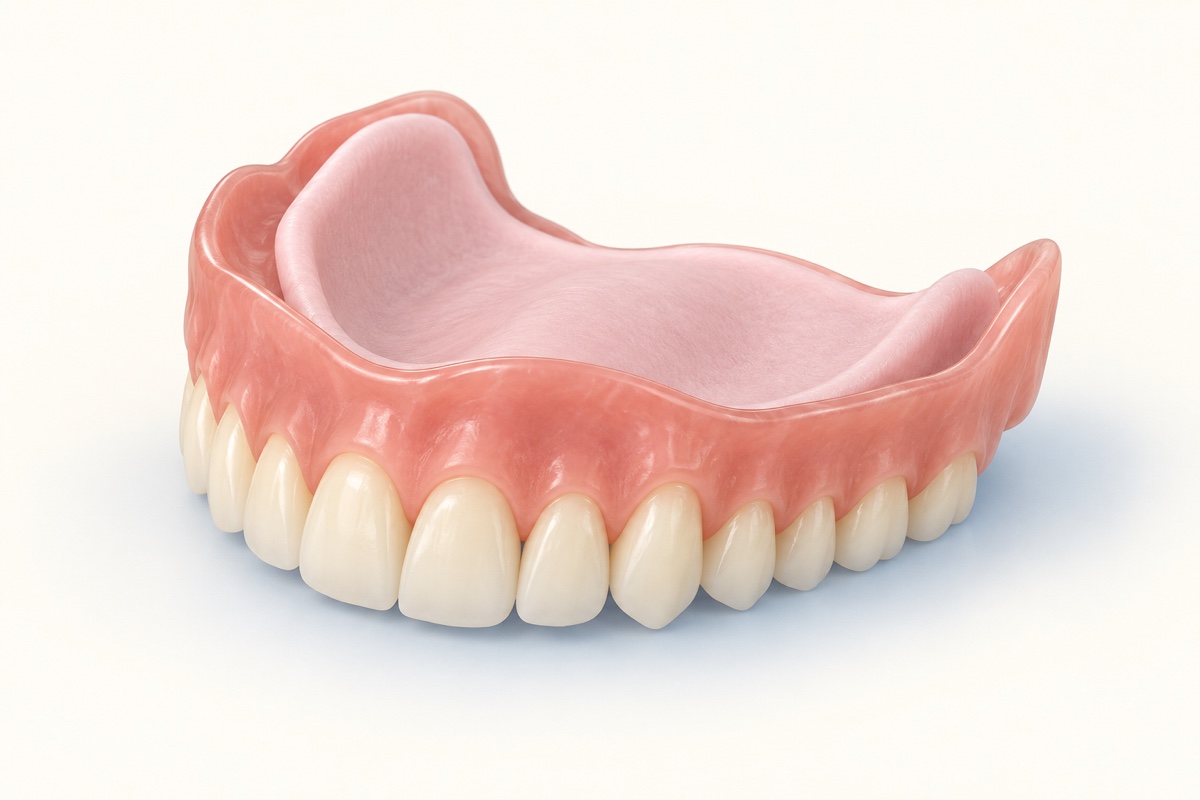 Temporary upper denture with a light pink soft liner cushion inside