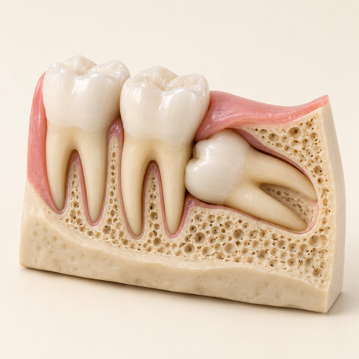 Cutaway model showing pink gum tissue, exposed porous jawbone and an impacted wisdom tooth angled against the molar in front of it