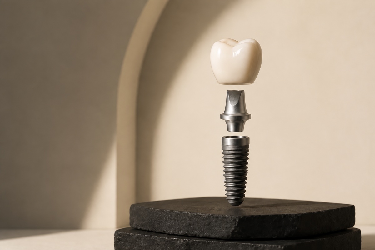 Illustration showing a tooth-colored crown above a metal abutment and dental implant