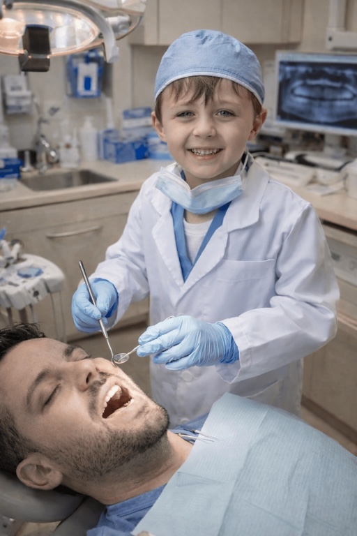 A Primeau family child dressed as a little dentist beside a dental chair