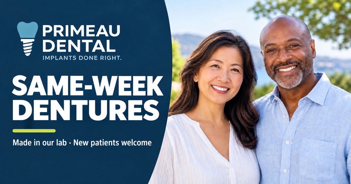 Primeau Dental — same-week dentures, made in our lab, new patients welcome — with two adults smiling